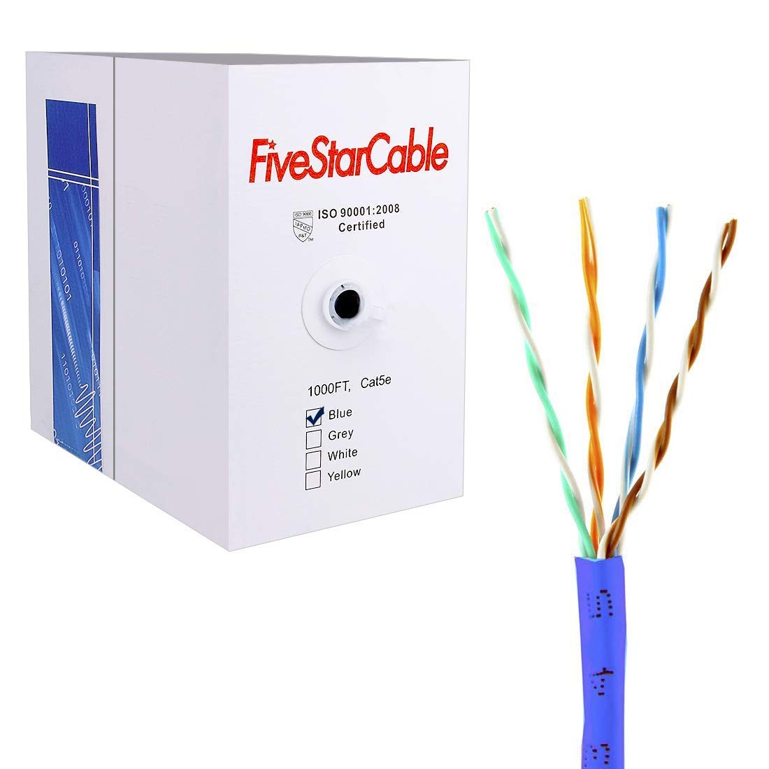 FiveStarCable Cat5e 1000 Ft. Ethernet 24AWG 4 Twisted Pair UTP Internet Netwo…