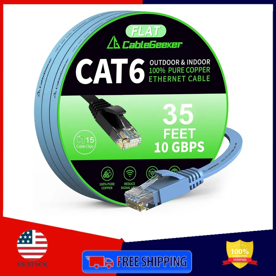 Cat 6 Flat Ethernet Cable 100ft 10Gbps Black High Speed RJ45 Network Patch Cord