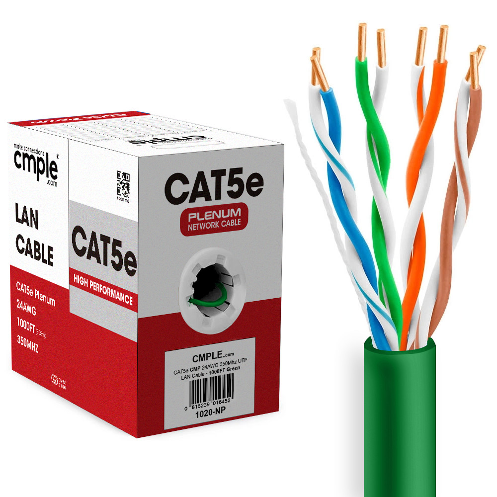 Cat5e Ethernet Cable 1000ft Plenum CMP Solid 24AWG UTP 350MHz Easy Pull Green