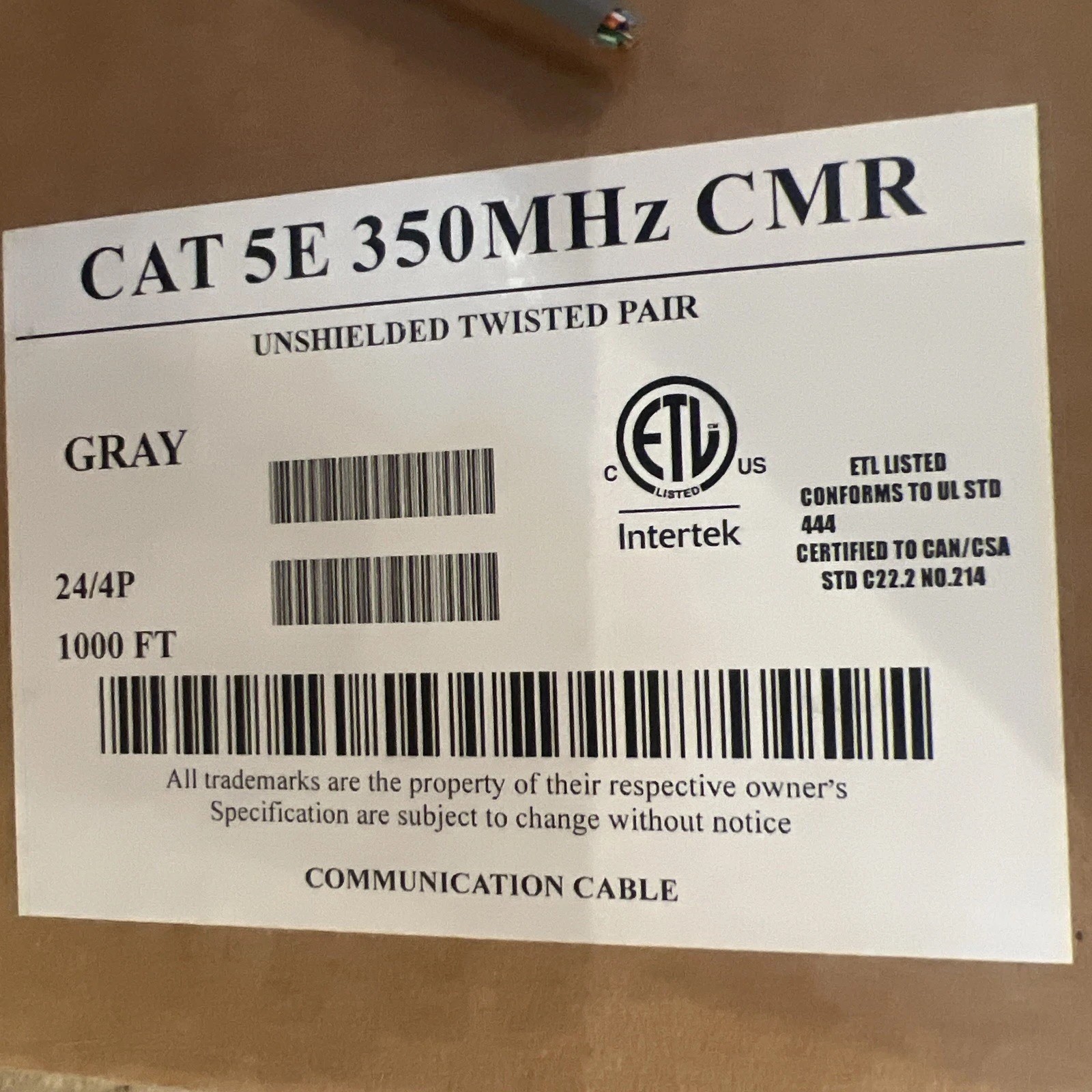 CAT5E 350MHz CMR Communication Cable 500 Plus Ft. 24/4P Unshielded Gray Pull Box