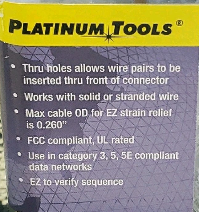 Platinum Tools 202015J EZ-RJ45 Cat5e Connectors EZ-RJ45 Strain Reliefs Read Desc