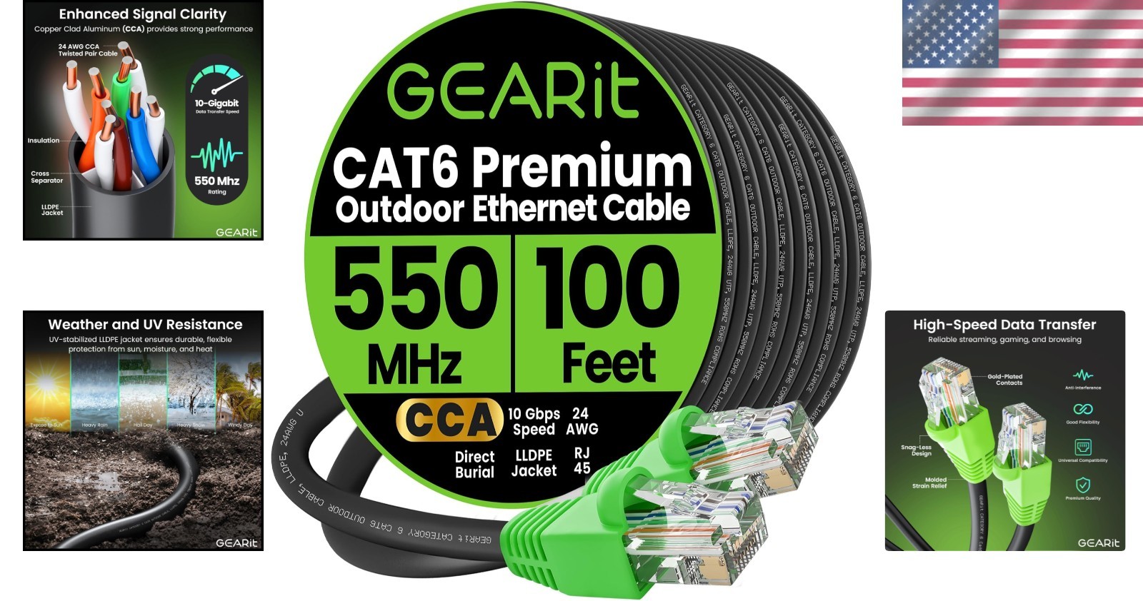 100 Ft Cat 6 Ethernet Cable – Weatherproof, 10 Gbps Performance, for Outdoor Use