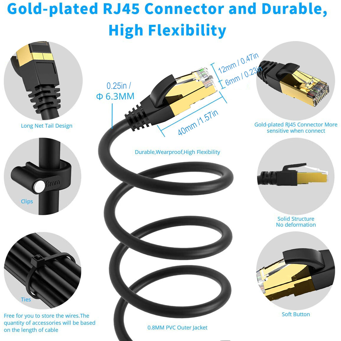 Cat8 Ethernet Cable for Modem, Router, PC, Mac, Laptop, PS4, PS5, Xbox 360 Lot