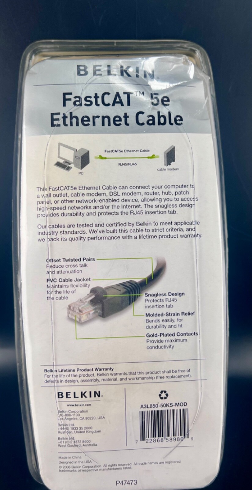 Belkin FastCat 5E Ethernet Cable 50 Ft RJ45 Male To Male Networking Cable Modem