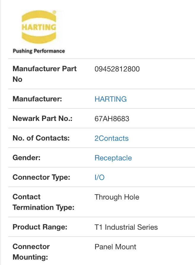 197 Pc) HARTING T1 angled jack AH IP20, PCB Connectors, 4A, 2 Contacts+shielding
