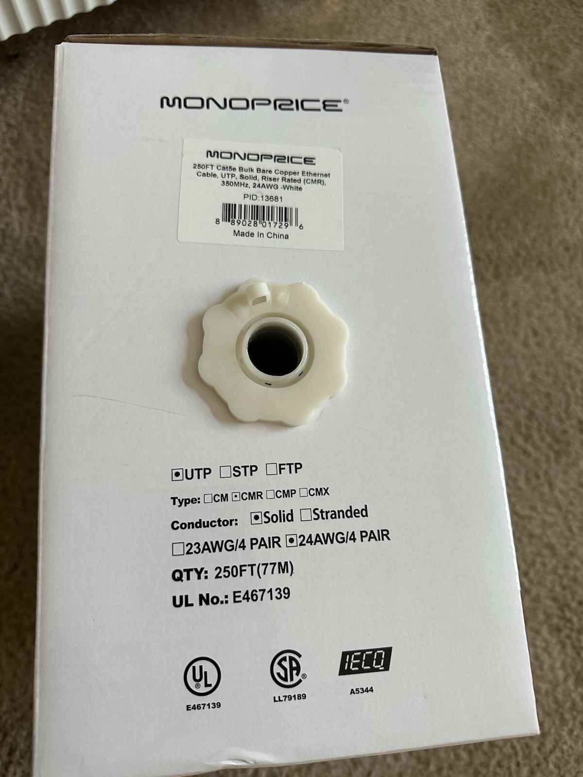 Monoprice Cat5e UTP Solid 24AWG Bulk Ethernet Cable 250ft Gray Raw End 14775
