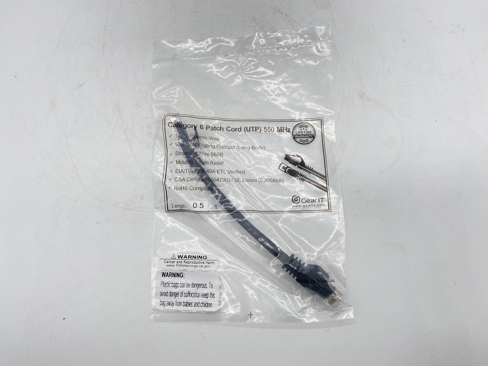 Gear IT 550MHZ Category 6, 0.5ft ( 6 inch) Patch Cord (UTP)