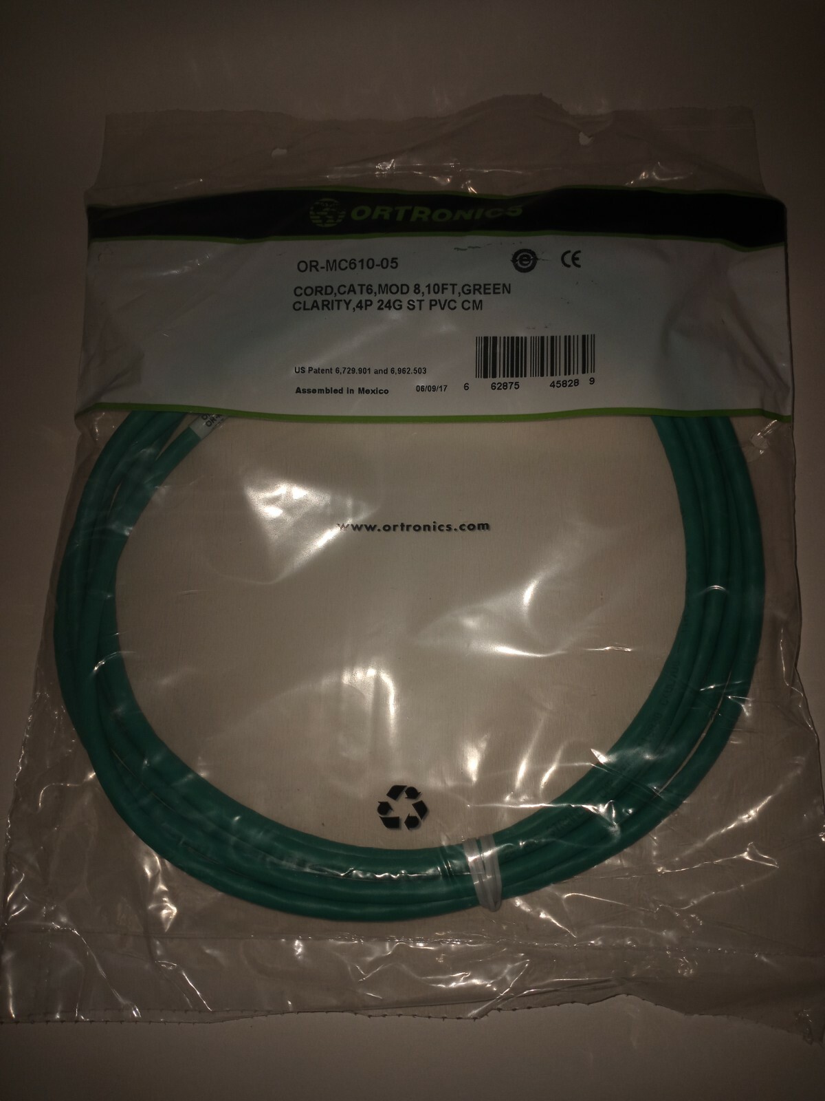 NEW ORTRONICS OR-MC610-05 CAT6 CABLE MOD 8, 10FT GREEN, CLARITY 4P 24G ST PVC CM