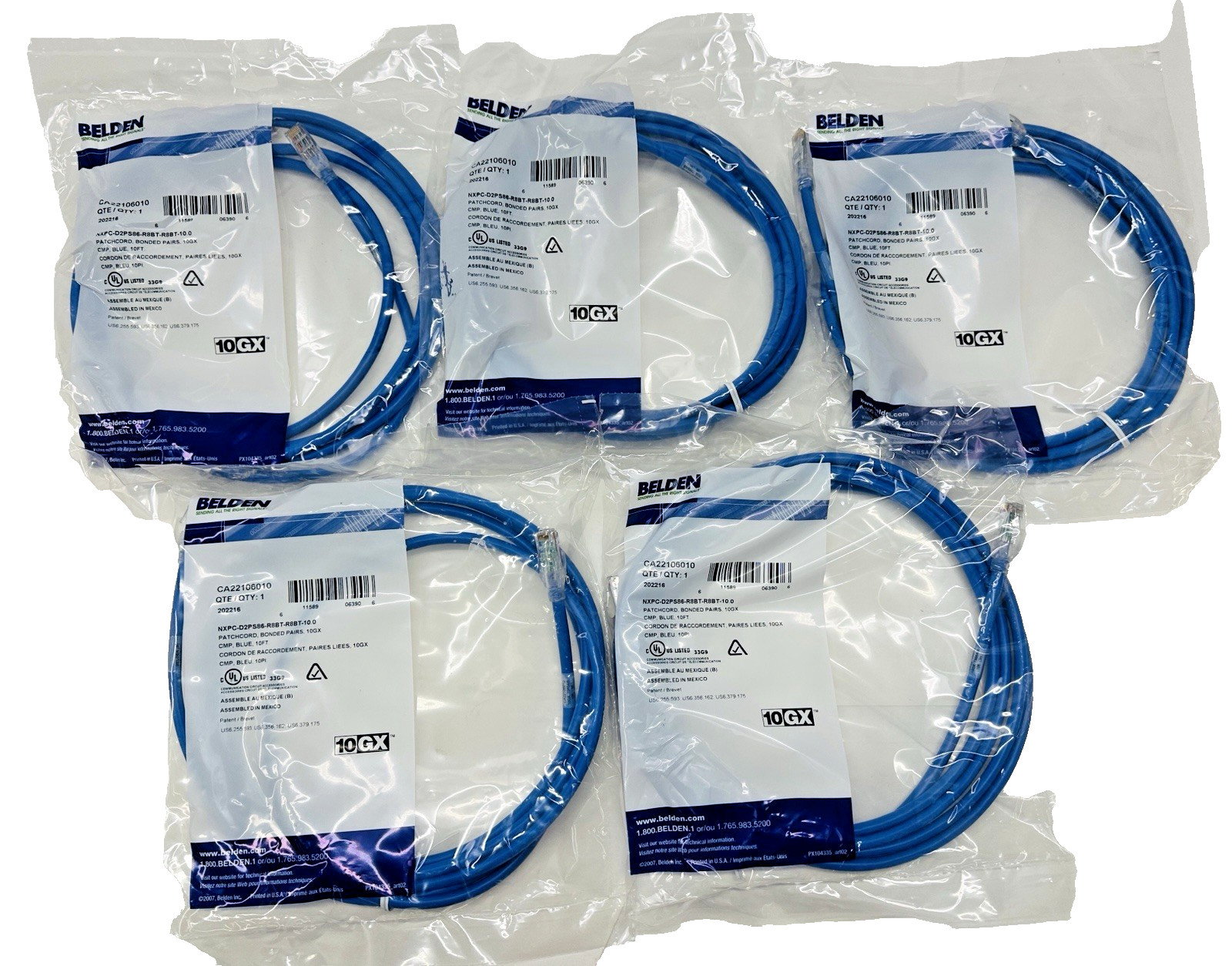 Lot of 5 Belden 10′ CA21106010 10GX Patch Cord 24 AWG 10-Foot Blue T568A/B. New