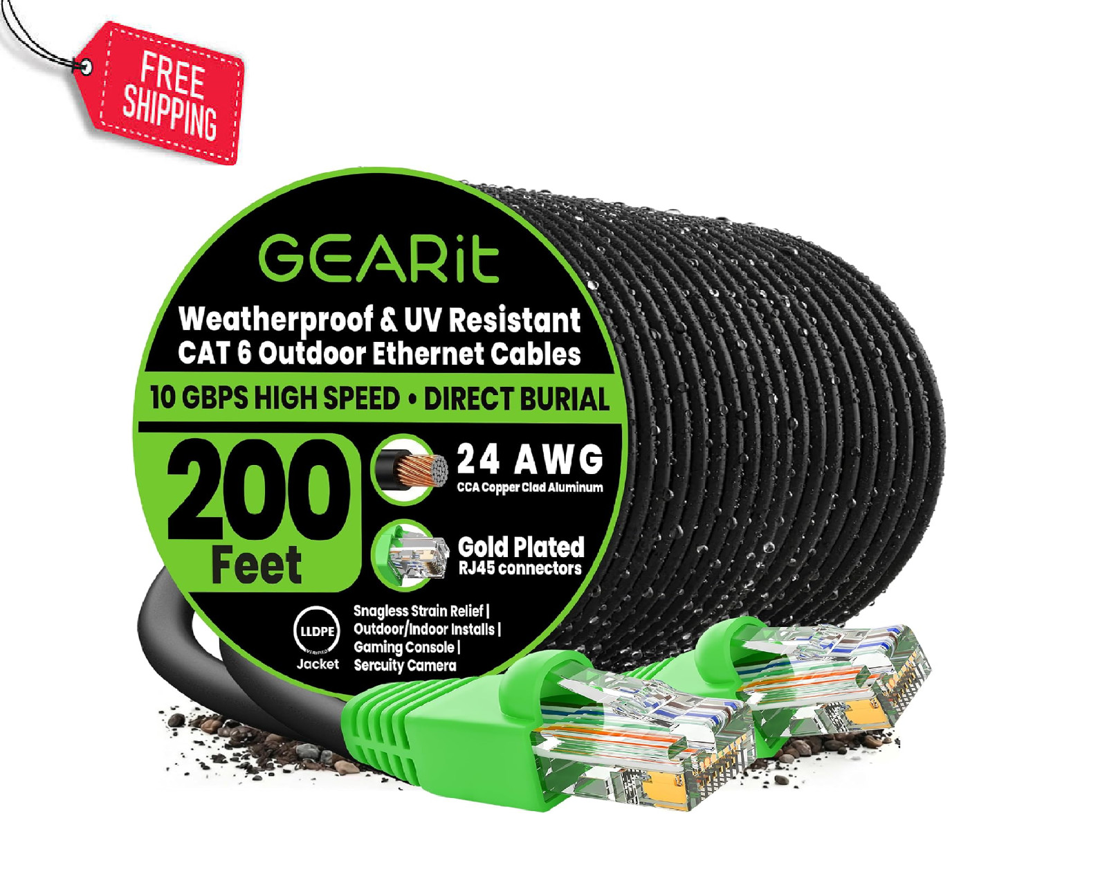 Cat6 Ethernet Cable 200Ft, Outdoor Direct Burial Cat 6 Cable 24AWG High Speed up