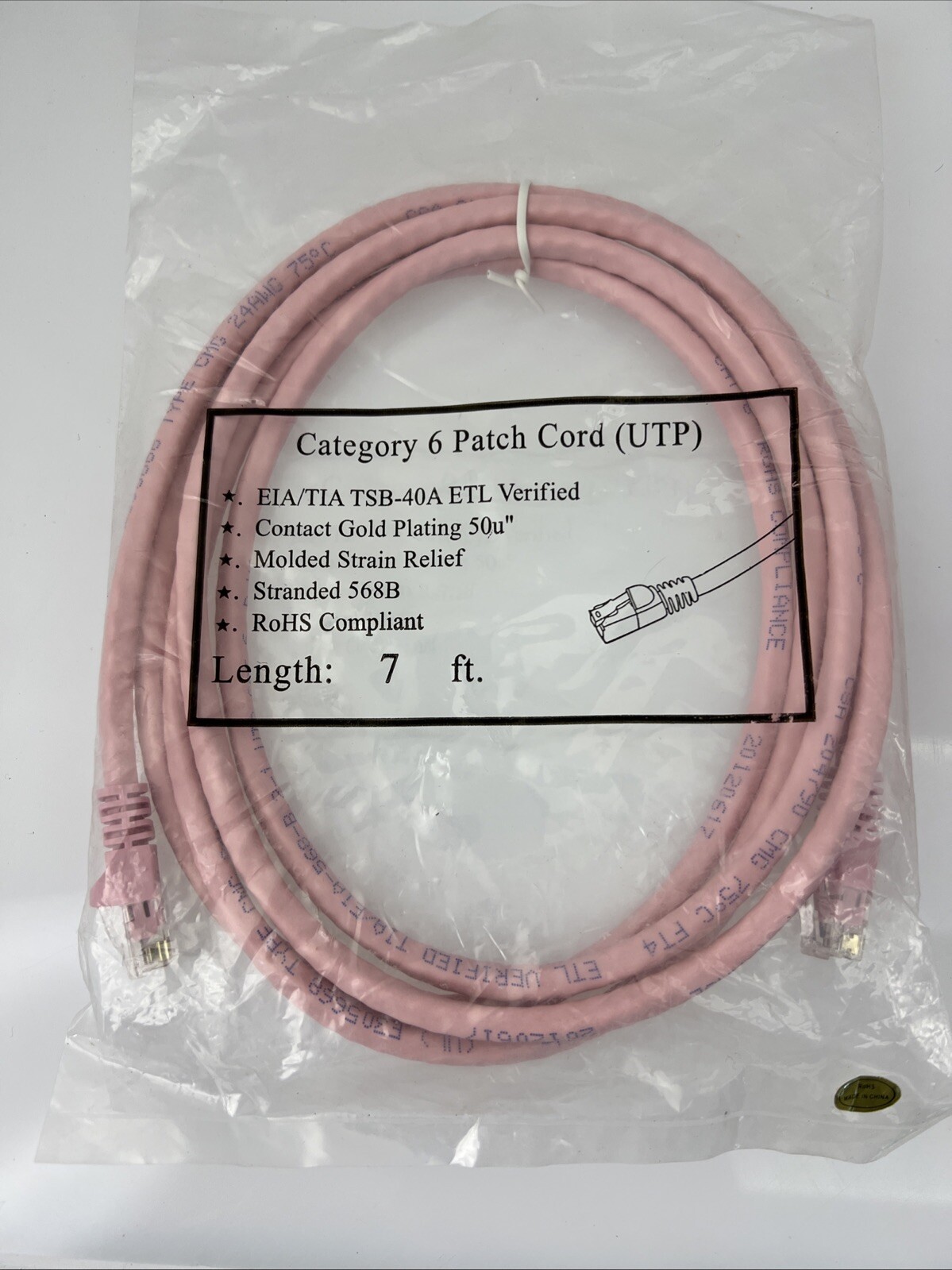 (2)~ PINK ~Category 6 CAT Patch Cord UTP EIA/TIA TSB-40A ETL Verified, 7 Ft RoHS
