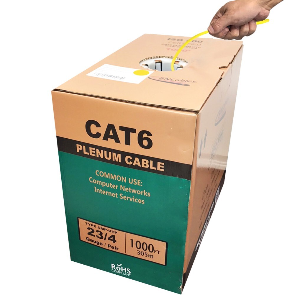 Bulk Cat 6 1000ft Cable Solid Plenum CMP Rated 550 Mhz 23 Awg Cable Yellow