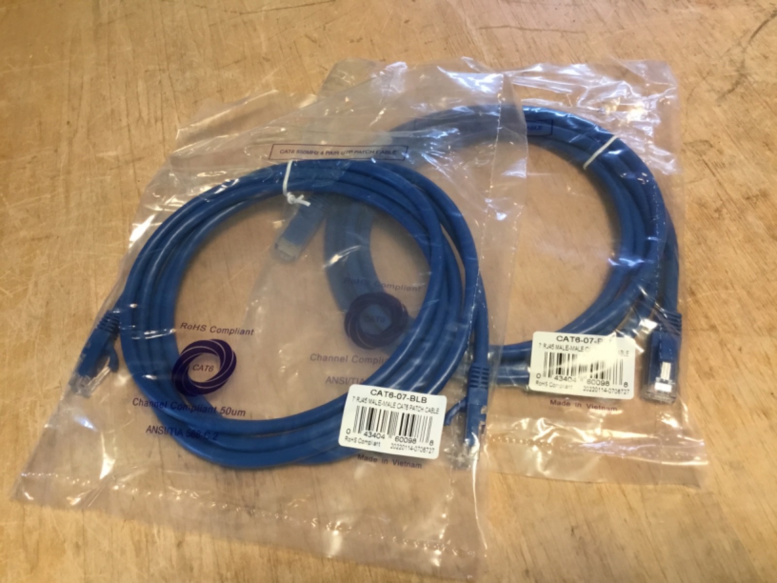 Lot of 2 Blue CAT 6 Ethernet Booted Patch Cord Cable, 7 Foot RJ45 male to male