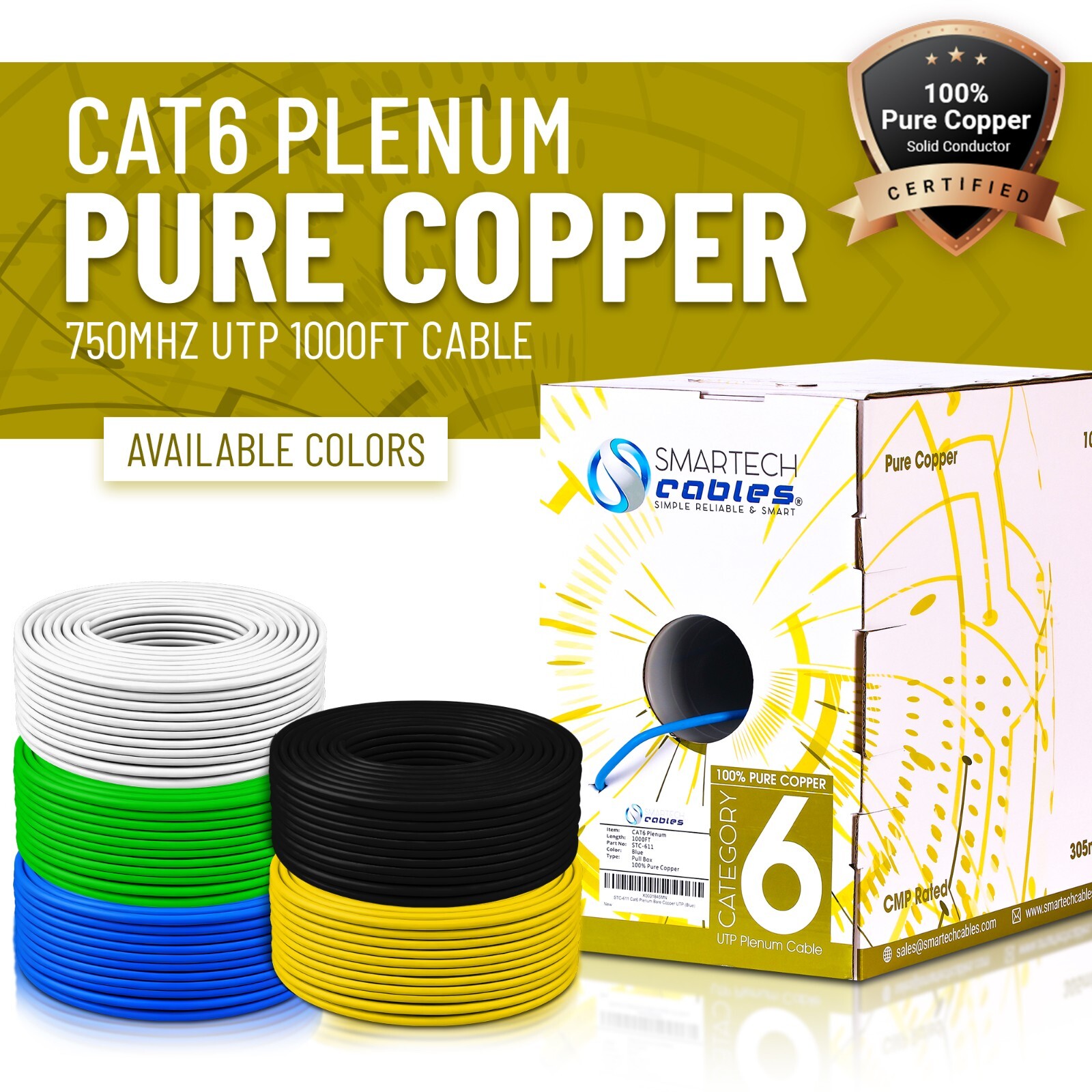 CAT6 Plenum (CMP) 1000ft Solid Copper 550MHz 23AWG UTP Bulk Ethernet Cable Blue