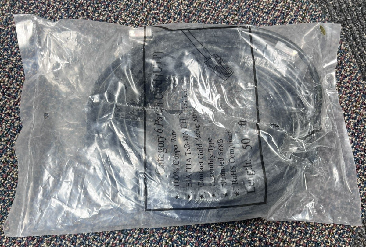 (1) CAT 6 50′ PATCH CORD, UTP, BLACK. NOS.