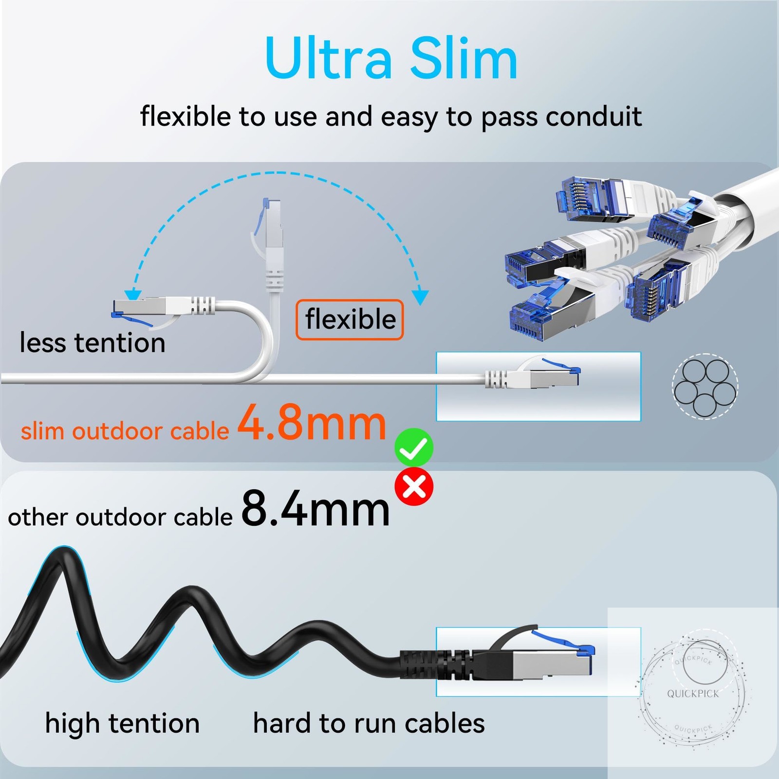 Cat 8 Ethernet Cable Slim 100ft Outdoor&Indoor, Pure Copper Cat8 Internet Cable