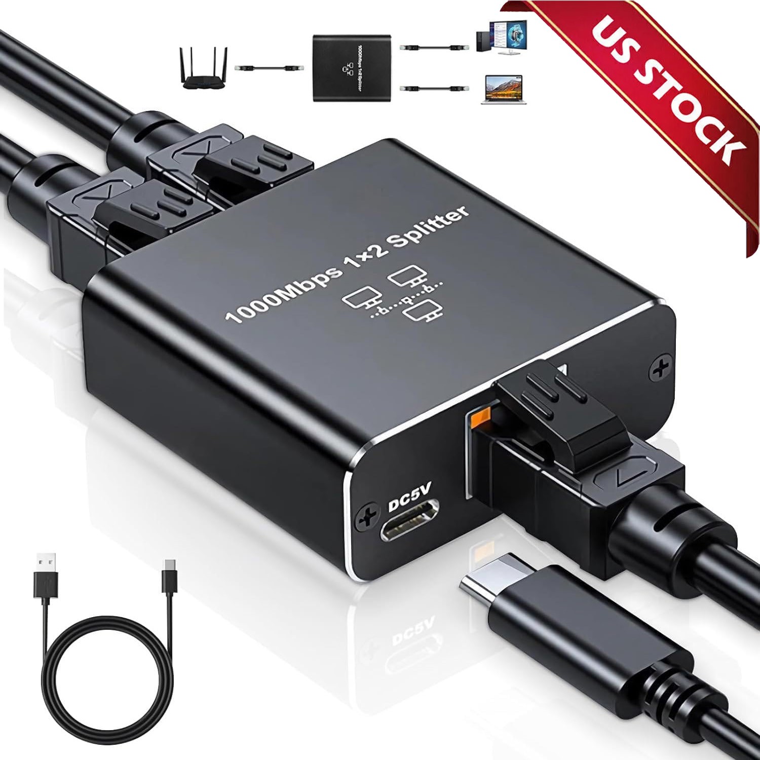 RJ45 Gigabit Ethernet Splitter 1000Mbps LAN Network Internet 1 to 2 Out Adapter