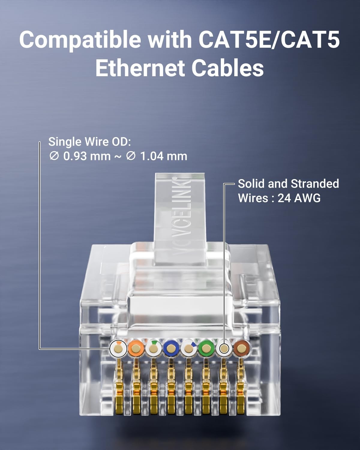 VCELINK Cat5e Connectors RJ45 Pass Through 50-Pack with Longer Guide 50Pack