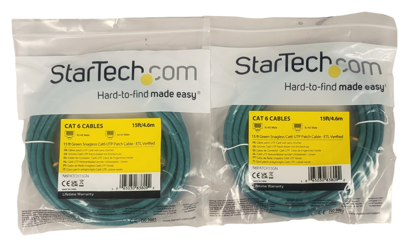 (2 PACK) Startech N6PATCH15GN Cat6 15′ Green Snagless Ethernet Patch Cable