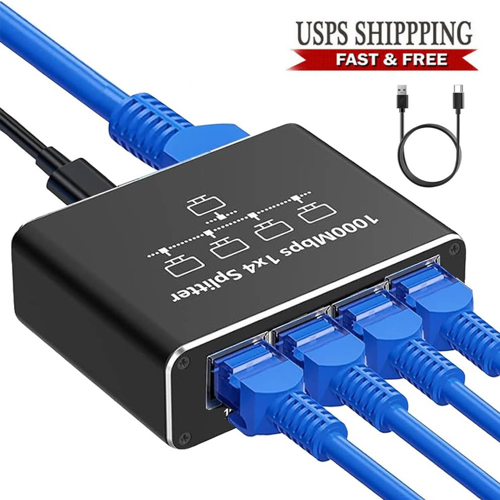 1000Mbps RJ45 Gigabit Ethernet Splitter 1 to 4 LAN Network Internet Adapter Hub