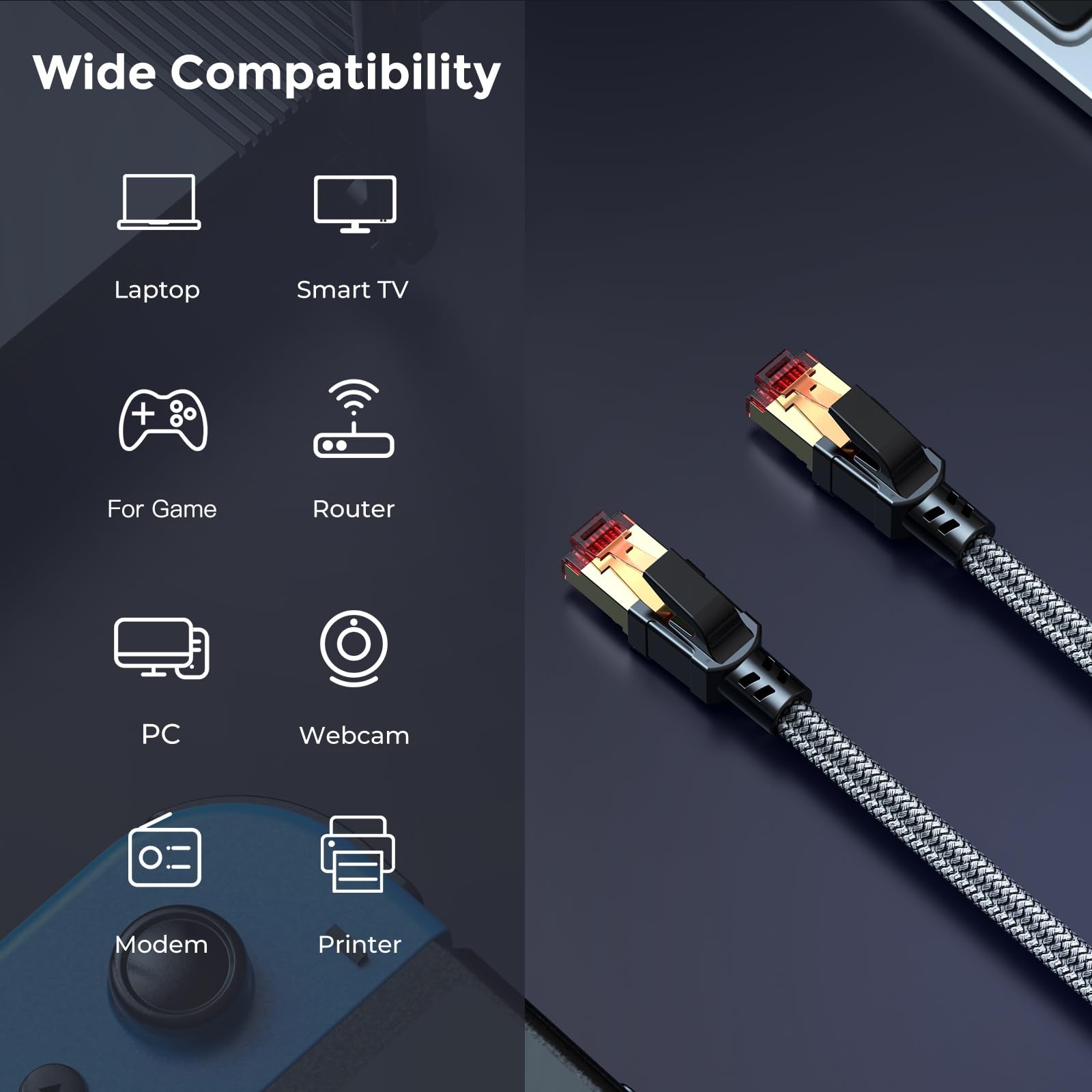 16 Ft Cat 8 Ethernet Cable 40Gbps 2000Mhz High Speed RJ45 Network LAN Wire