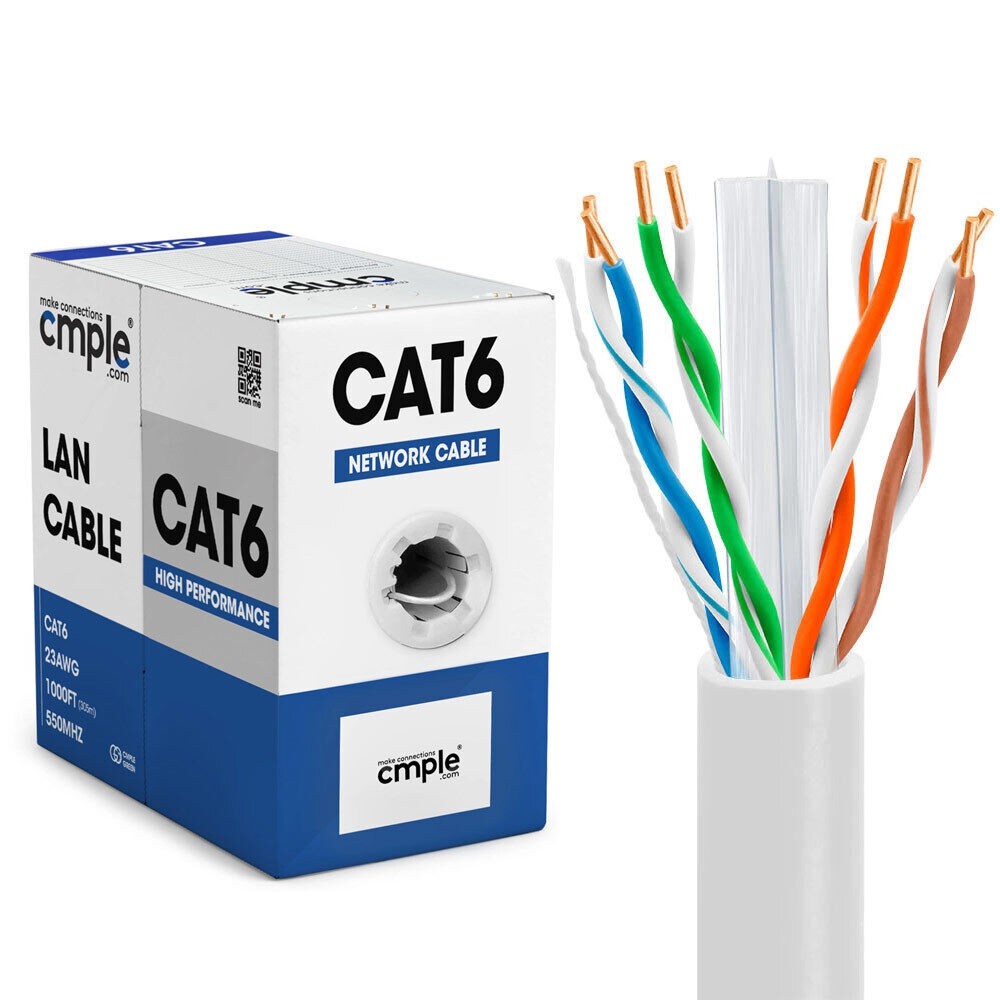 Cat6 CMR Ethernet Cable 1000ft Riser Solid 23AWG UTP In-Wall LAN White
