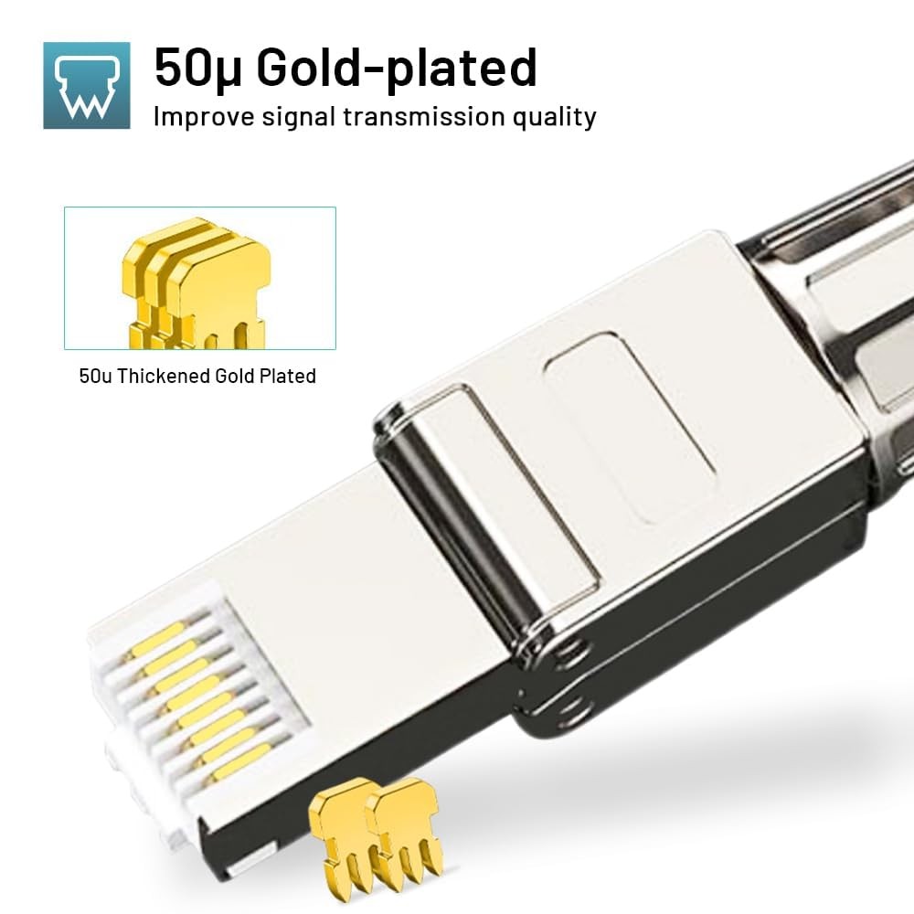 Cat7 Cat6A RJ45 Connector 12-Pack, Tool-Free Alloy Shielded Ethernet Terminat…