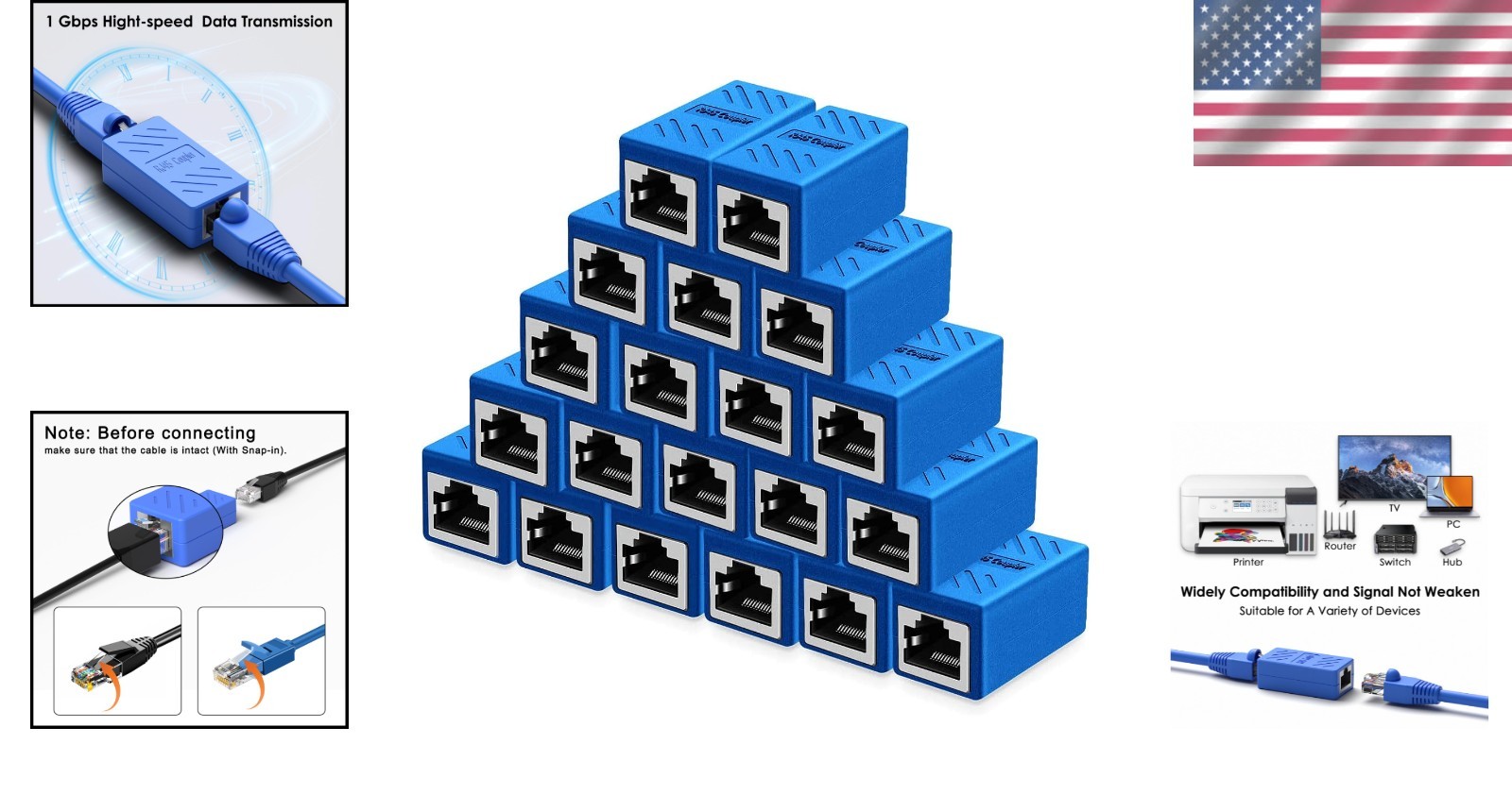 Cat8/Cat7/Cat6 Ethernet Cable Coupler 20-Pack Blue