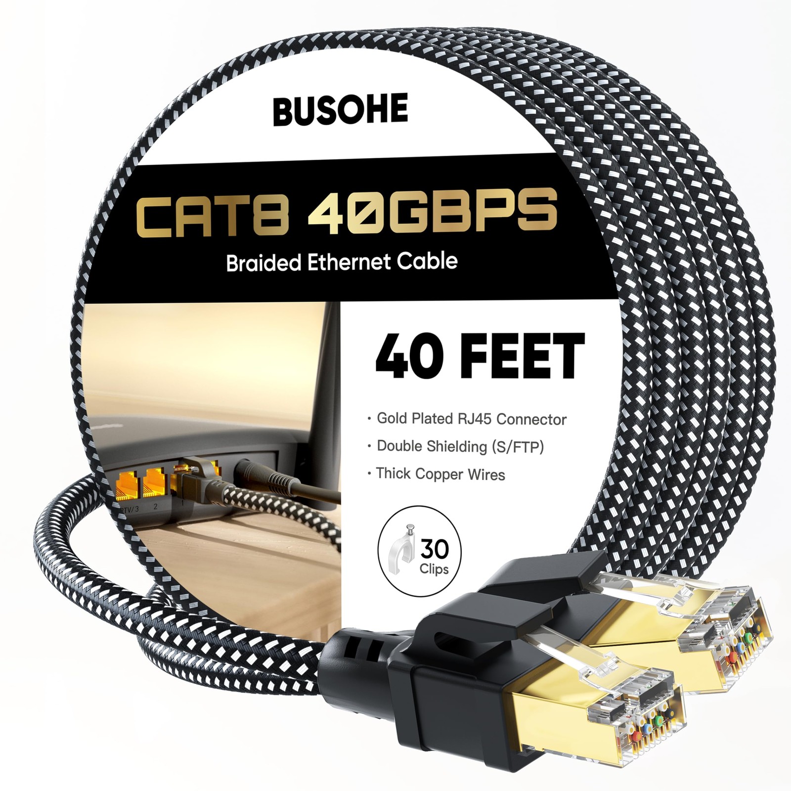 Cat 8 Ethernet Cable 40 FT, High Speed 40Gbps 2000MHz Braided S/FTP LAN Netwo…