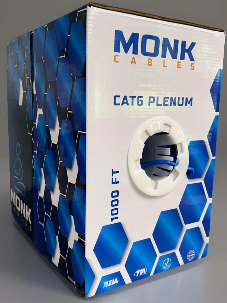 Monk Cables Cat6 Plenum CMP Rated Jacket 1000ft UTP 550MHz 23AWG Ethernet Blue