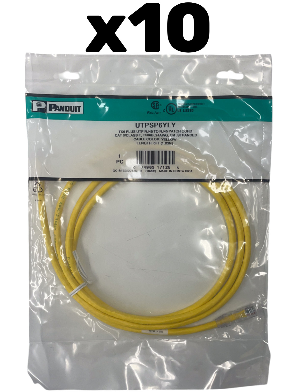 LOT x10 Panduit UTPSP6YLY 6ft Yellow Cat 6 Class E Patch Cable Ethernet RJ-45 CM