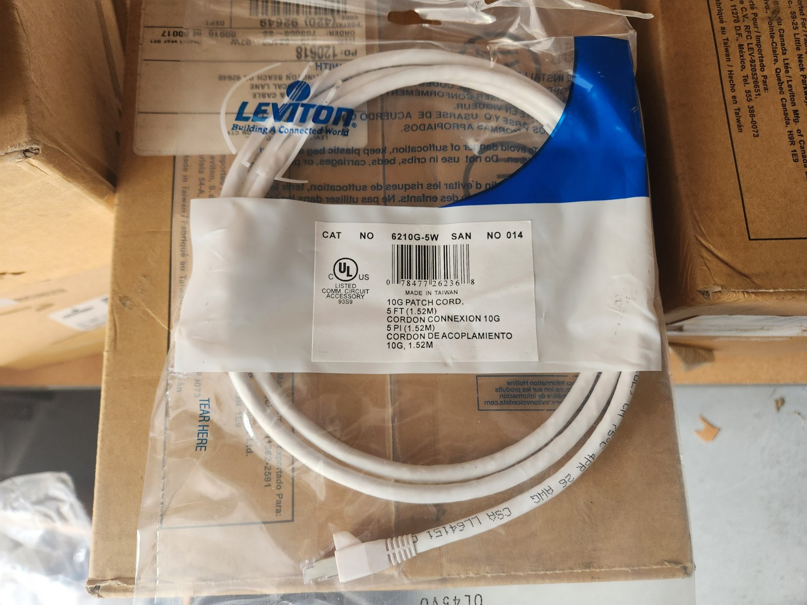 7 ft Leviton Cat-6A Patch Cable, Cat 6A, Pack of 10 ea.