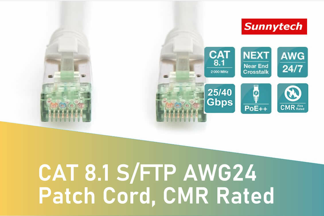 Sunnytech Cat8 Cat7A S-FTP 24AWG, PoE++, CMR Patch Cord 3-100ft Lot