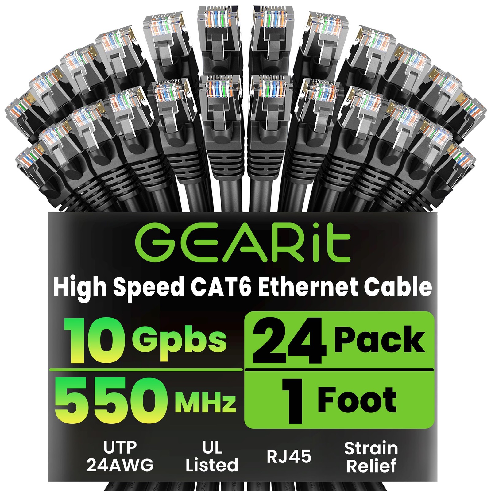 Cat 6 Ethernet Patch Cable 1 ft Black 24~Pack 10Gbps RJ45 Snagless Gold~Plated