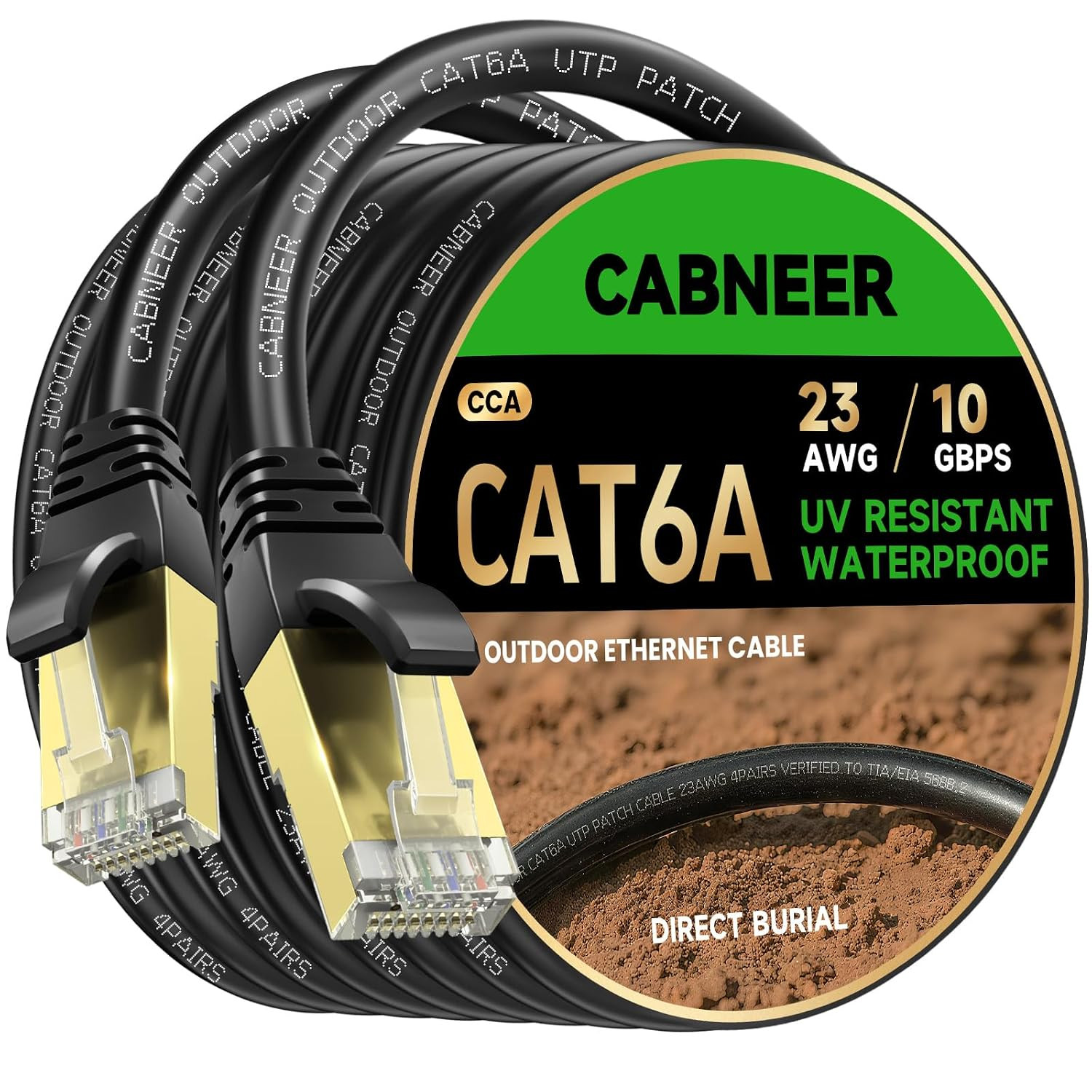 CAT6A Ethernet Cable 100 Ft, Outdoor & Indoor 23AWG 10Gbps High Speed, Weatherpr