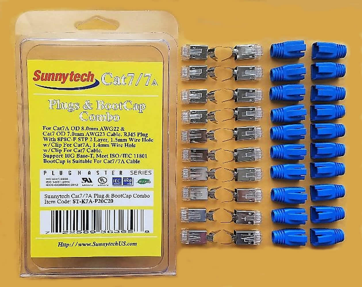 Sunnytech CAT8/7A AWG22 RJ45 Crimp Plug and Boot Cap, 20+20 Combo Pack, Blue