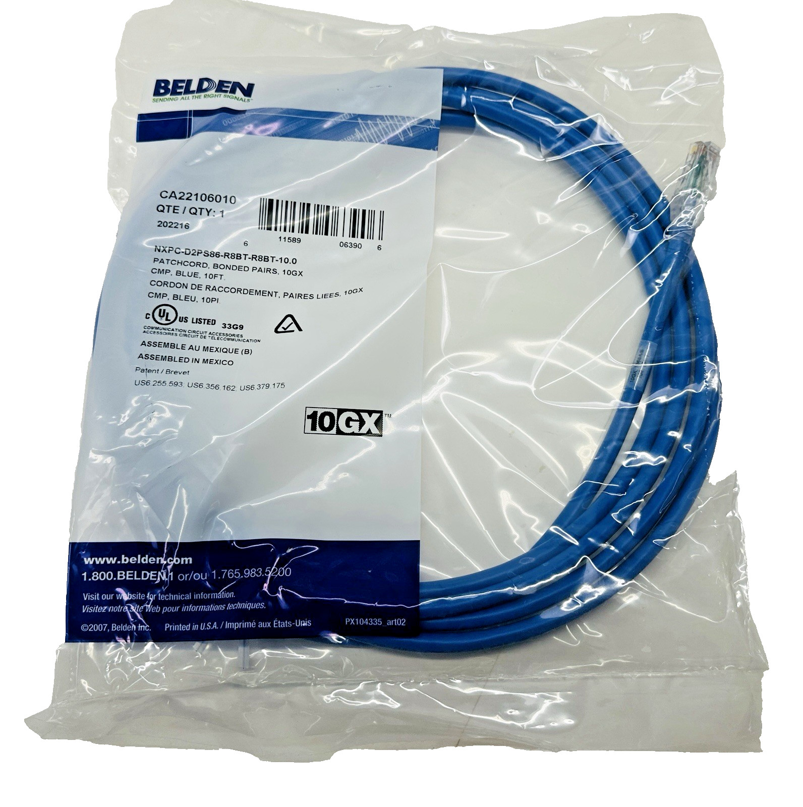 Lot of 5 Belden 10′ CA21106010 10GX Patch Cord 24 AWG 10-Foot Blue T568A/B. New