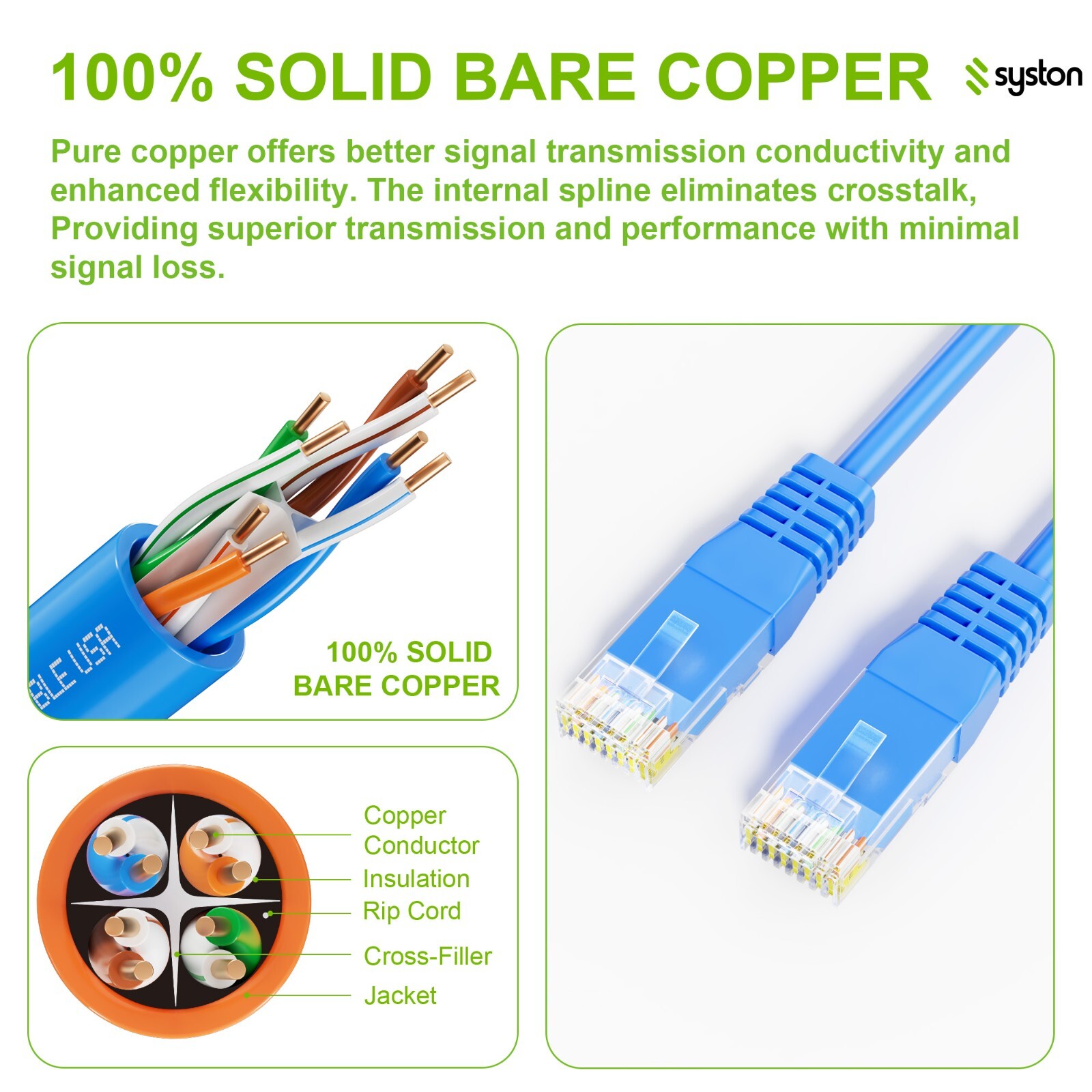 Syston Cat 6E Ethernet Network Cable 600 MHz 23 AWG Solid Copper Wire-CMR Patch