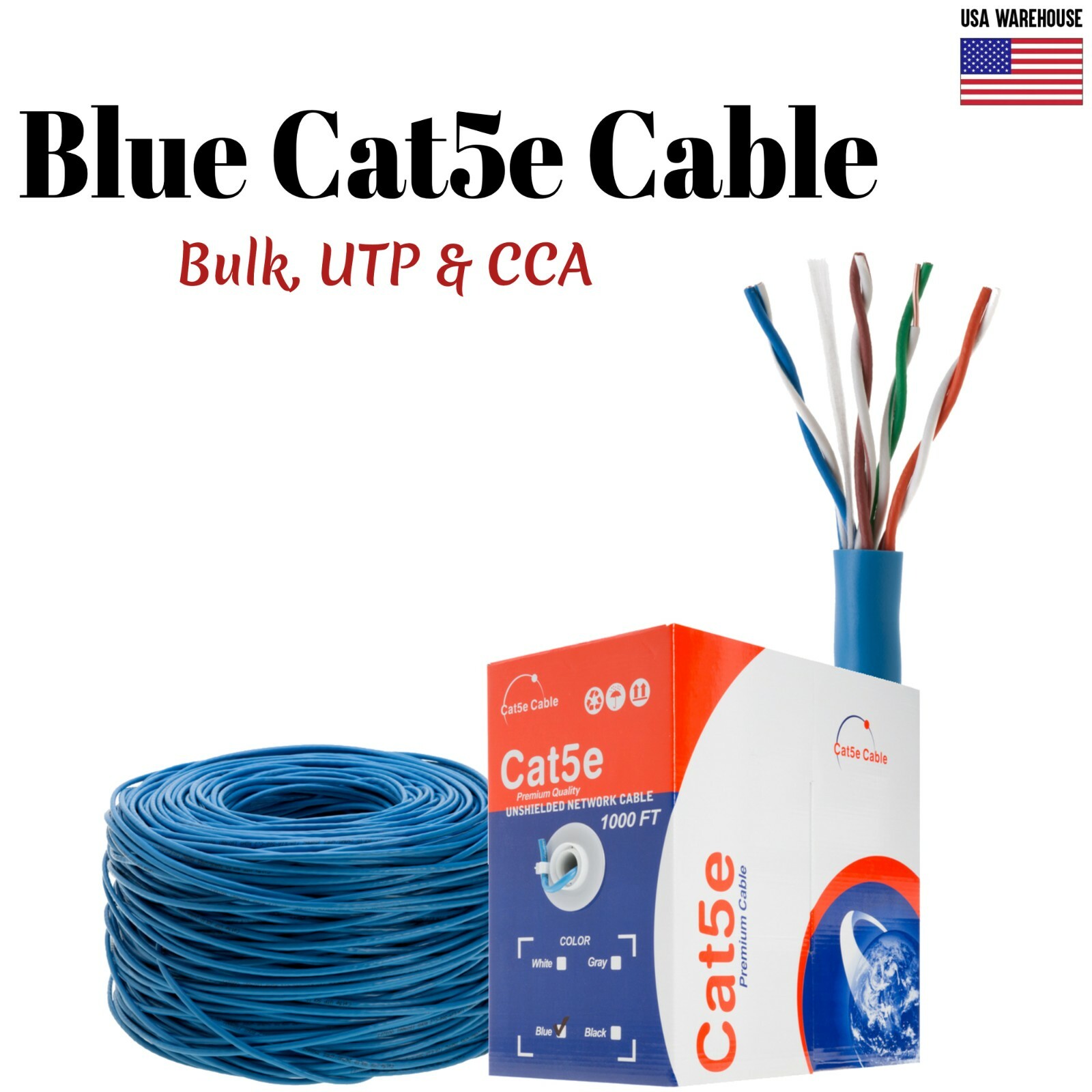 1000ft Cat5e Blue Ethernet Network Cable Solid 24AWG Copper Clad CCA Bulk Wire