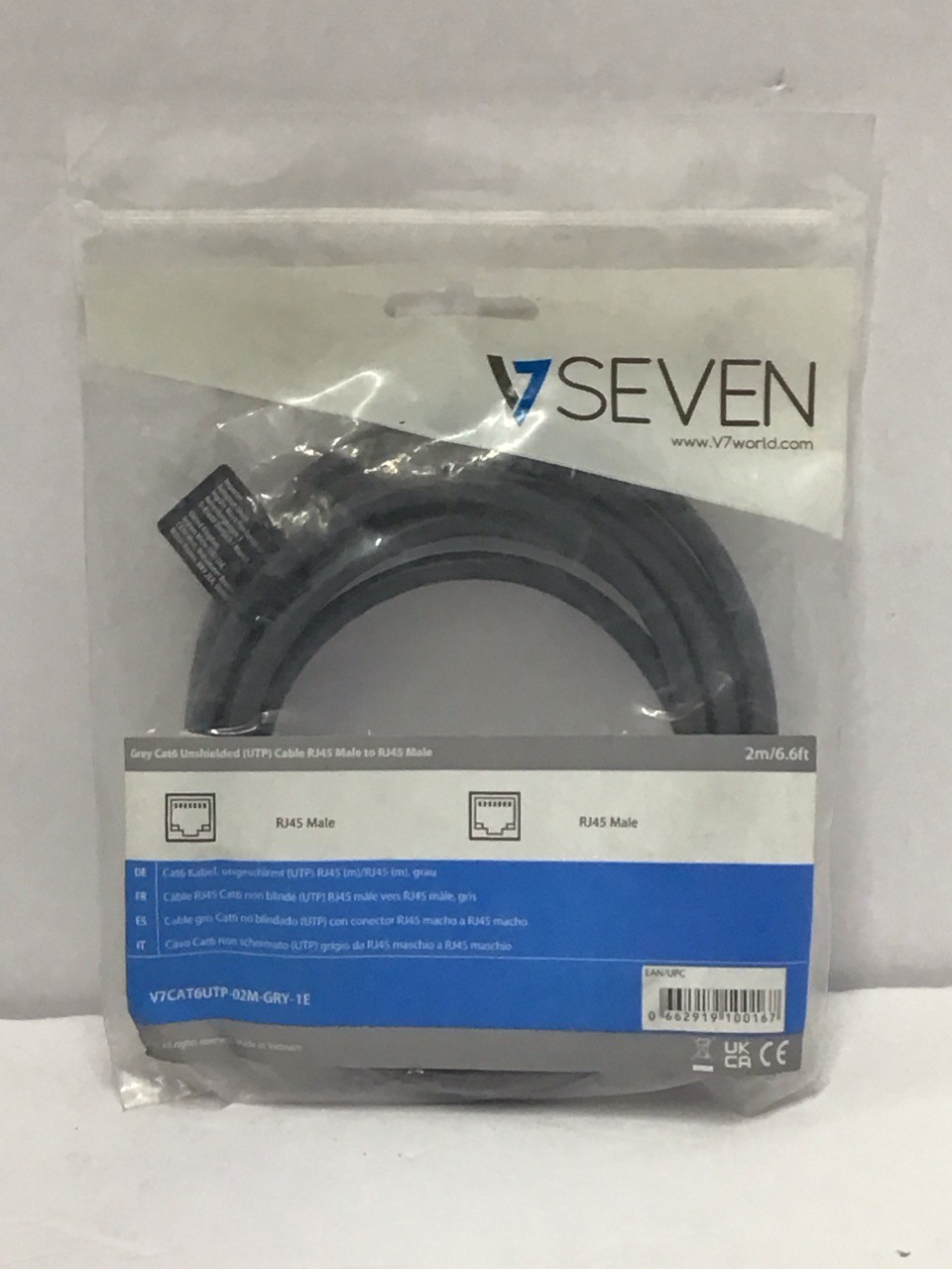 25 V7 Grey Cat6 Unshielded Cable RJ45 Male to Male 2m 6.6ft V7CAT6UTP-02M-GRY-1E