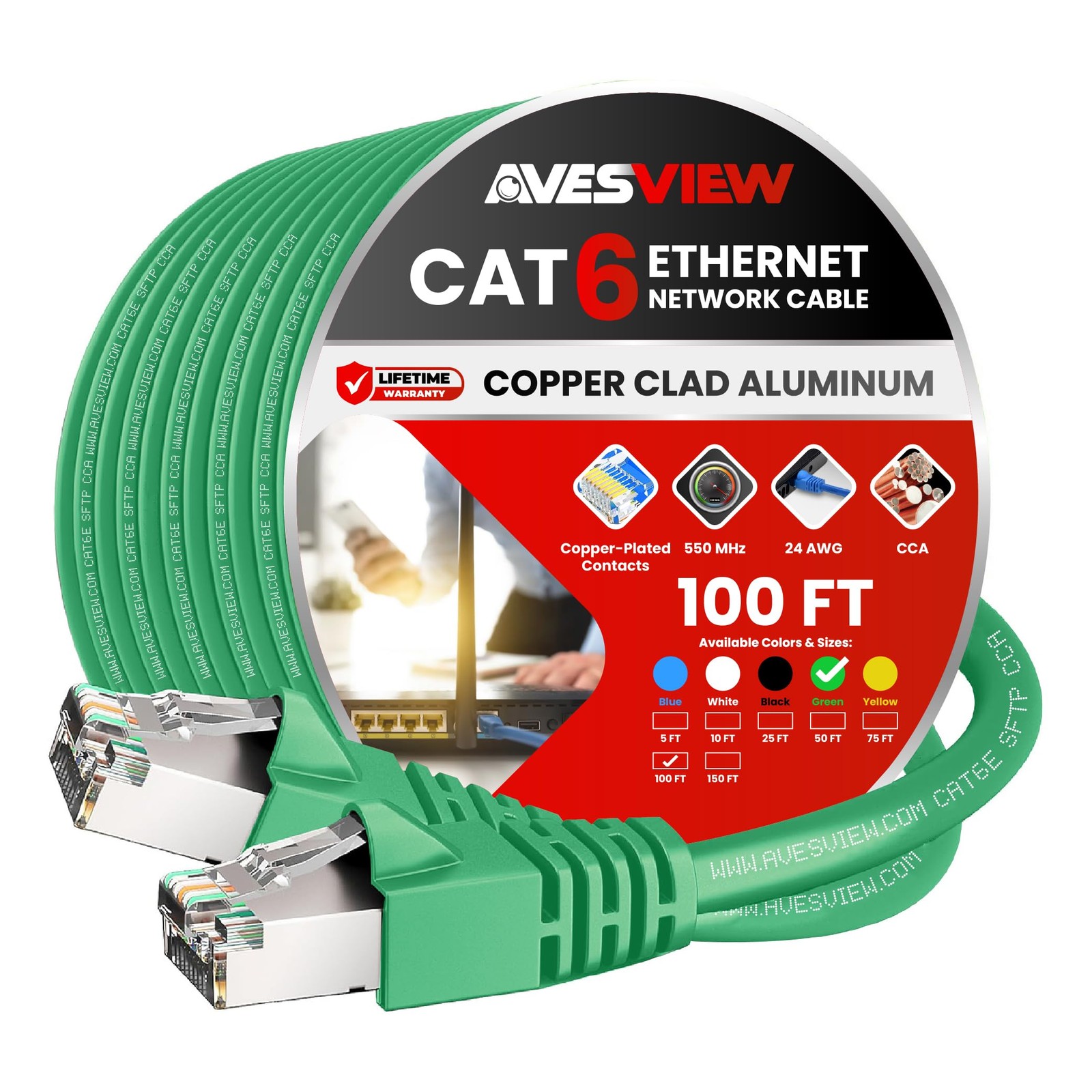 CAT 6 Shielded Ethernet Cable 100FT SFTP HighSpeed 10Gbps Green Indoor Cable