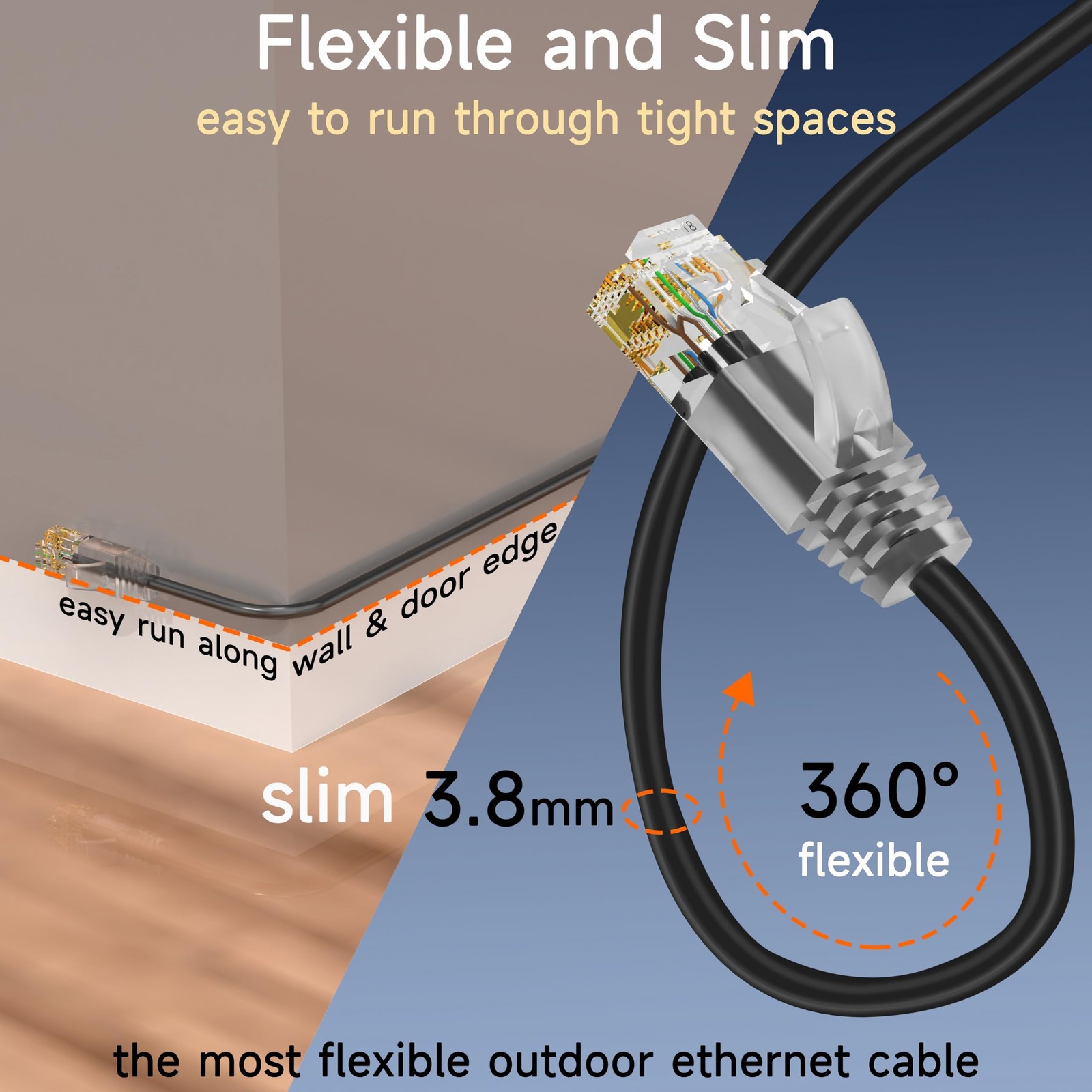 Cat6a Slim Ethernet Patch Cable 25ft Outdoor & Indoor, Flexible 10G Cat6 Interne