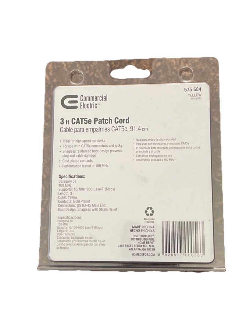 Commercial Electric Cat5e Patch Cord 575684. Yellow. 3 Feet. New.