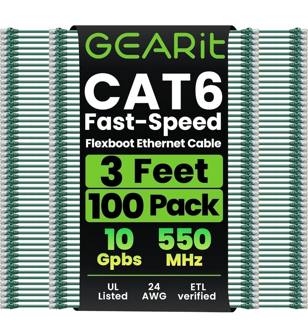GEARit 100-Pack Cat6 Patch Cable 3 Feet Cat 6 Ethernet Cable Snagless Flexible
