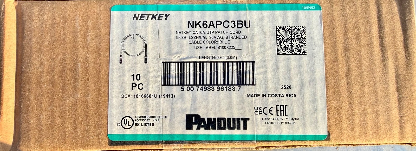 3 ft Panduit NK6APC3BU 26 AWG Copper Cat 6A UTP Patch Cord Blue