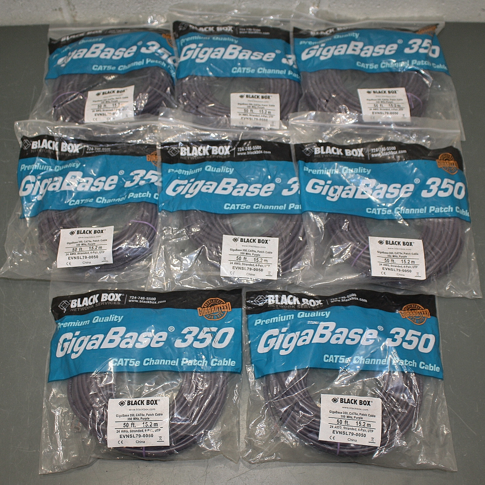 (8) Black Box CAT5e Premium Patch Cable, 50ft Ethernet Cord, Purple, 350 MHz