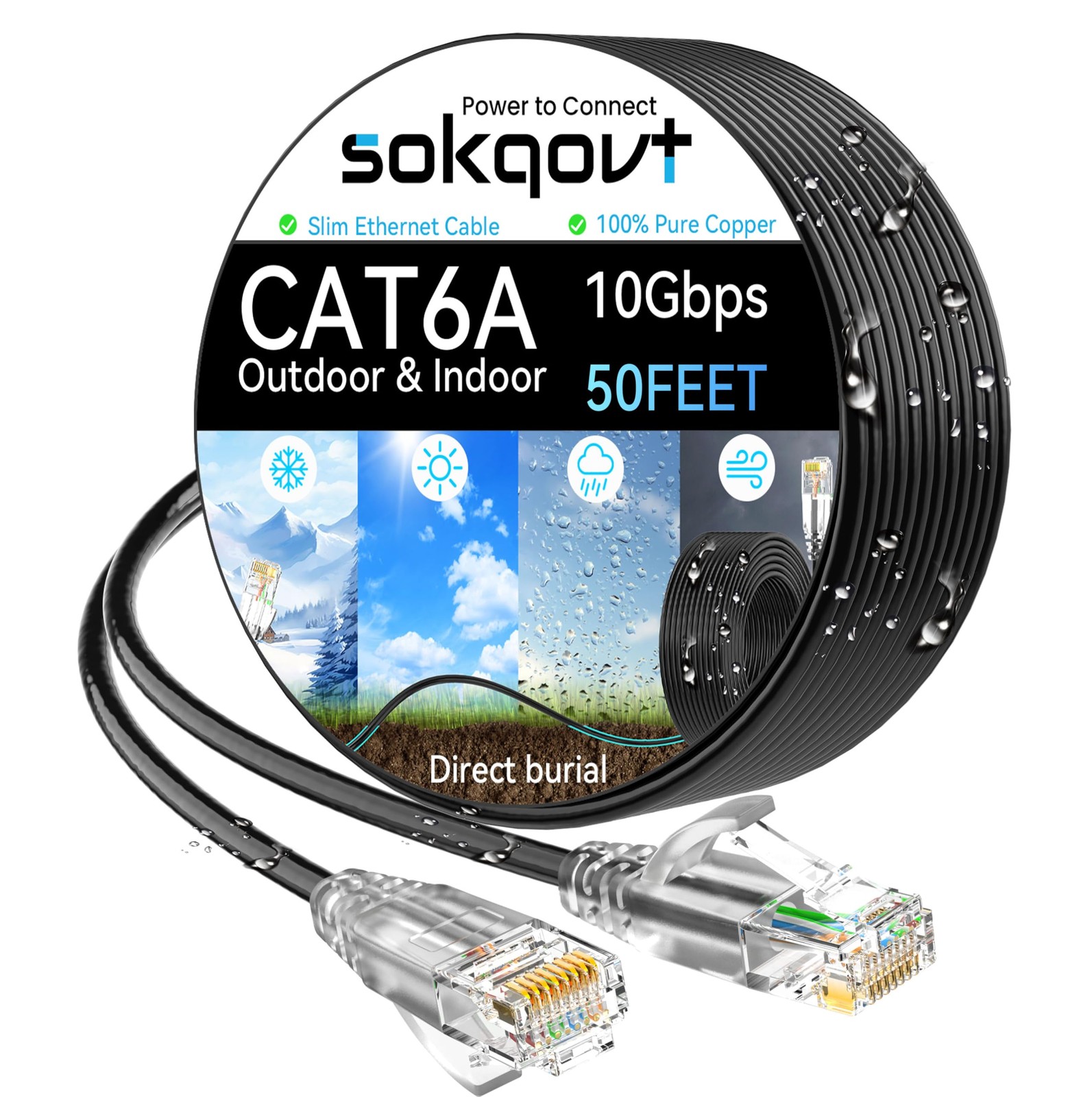 Cat6a Ethernet Cable Slim 50ft Outdoor&Indoor, 28AWG Pure Copper Cat6 Internet