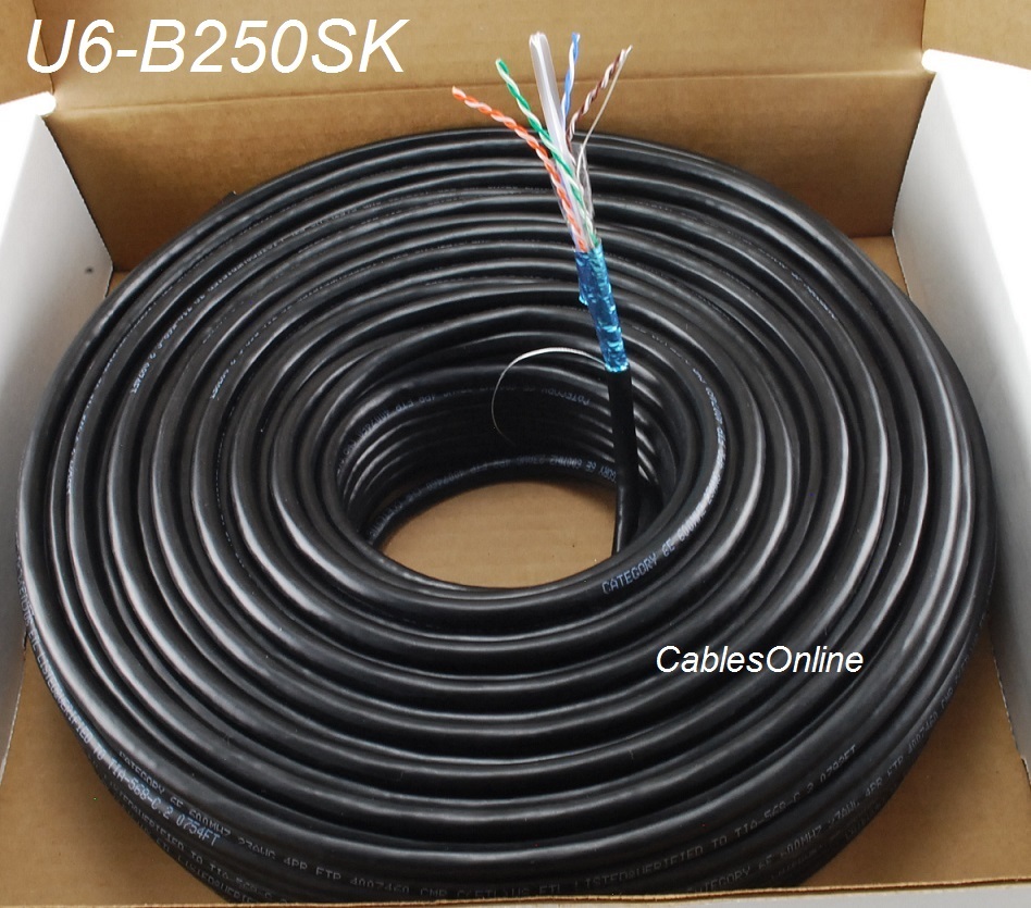 250ft CAT6e Shielded RJ45 FTP Solid Pure Copper Black Ethernet Bulk Cable