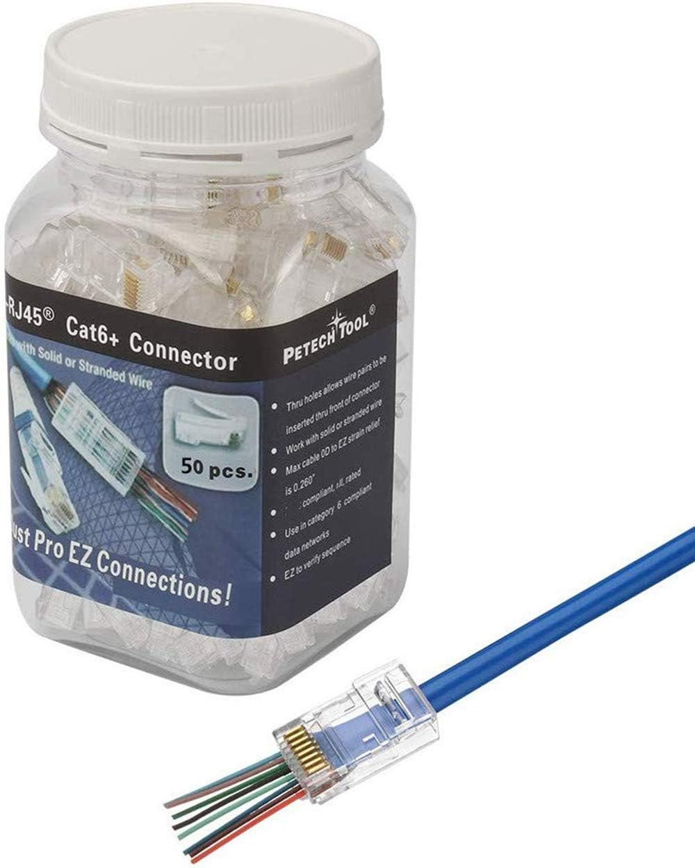 RJ45 Cat6A Cat6 Pass through Connectors 50Pack 23AWG End Bold Ethernet 8P8C Gold
