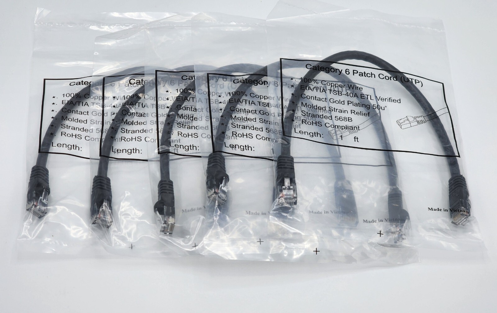 1ft. Cat6 UTP Patch Cable Molded Plugs Black Pure Copper Lot of 1,5,10